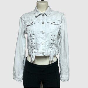 Guess White Crop Denim Jacket Lace Up Accents